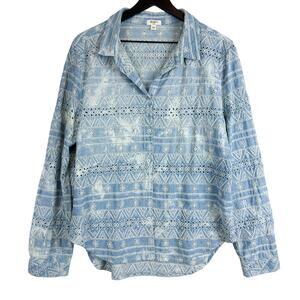 Dylan Embroidered Eyelet Button Up Shirt Blue Tie Dye - L